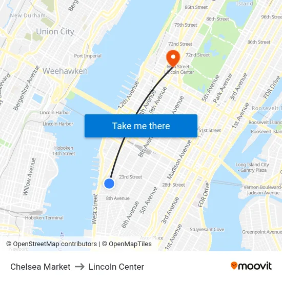 Chelsea Market to Lincoln Center map