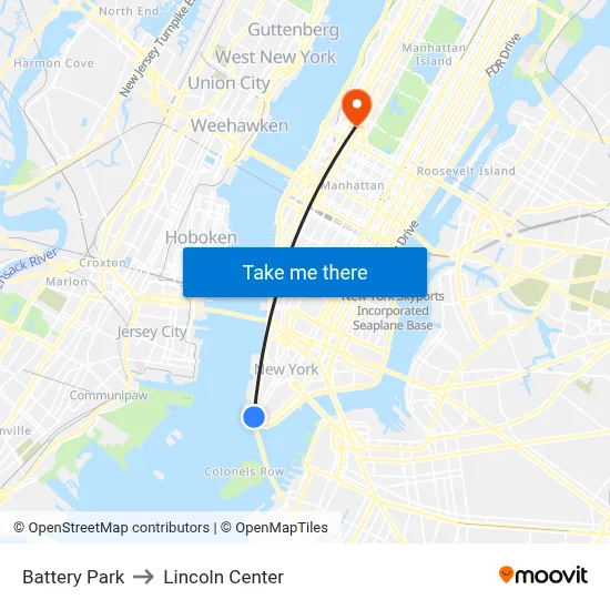 Battery Park to Lincoln Center map