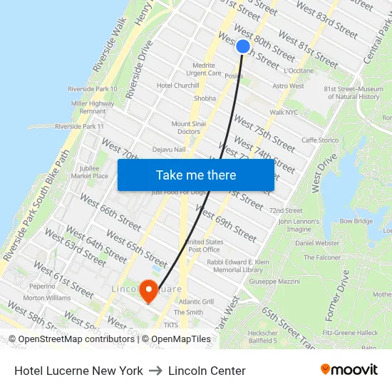 Hotel Lucerne New York to Lincoln Center map