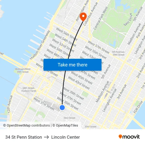 34 St Penn Station to Lincoln Center map