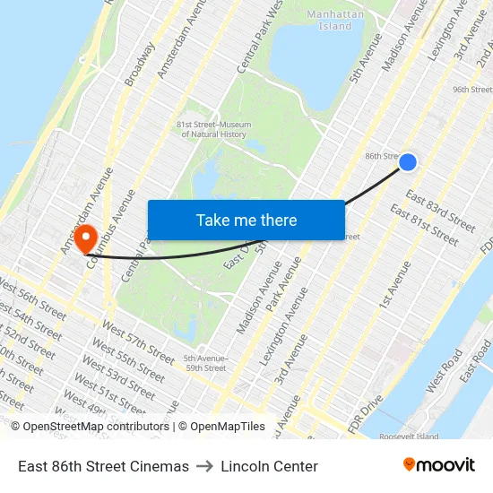East 86th Street Cinemas to Lincoln Center map