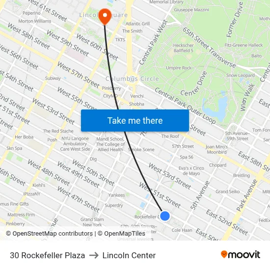 30 Rockefeller Plaza to Lincoln Center map