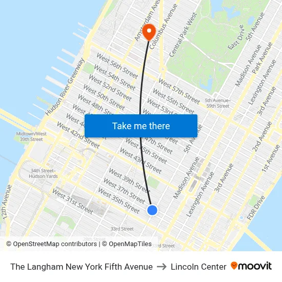 The Langham New York Fifth Avenue to Lincoln Center map