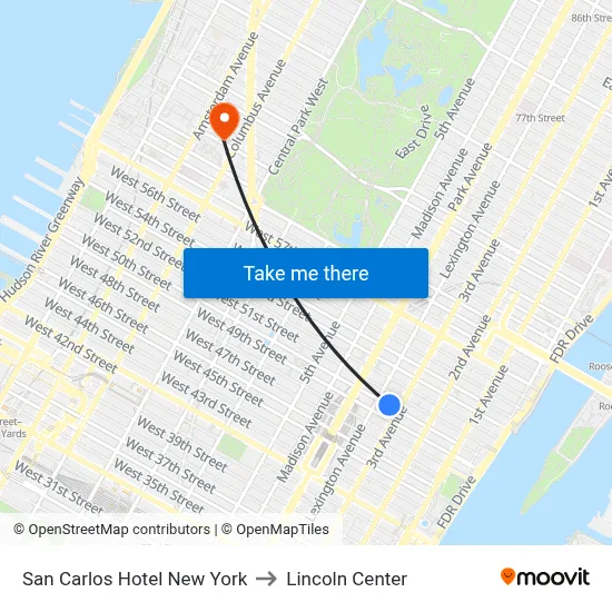 San Carlos Hotel New York to Lincoln Center map