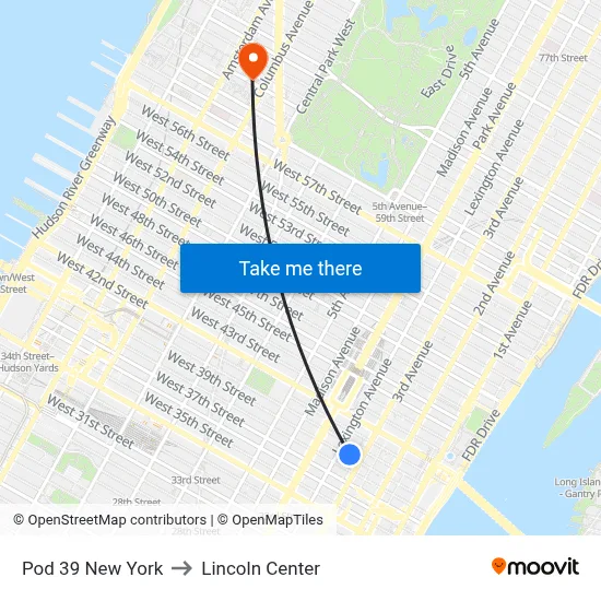 Pod 39 New York to Lincoln Center map