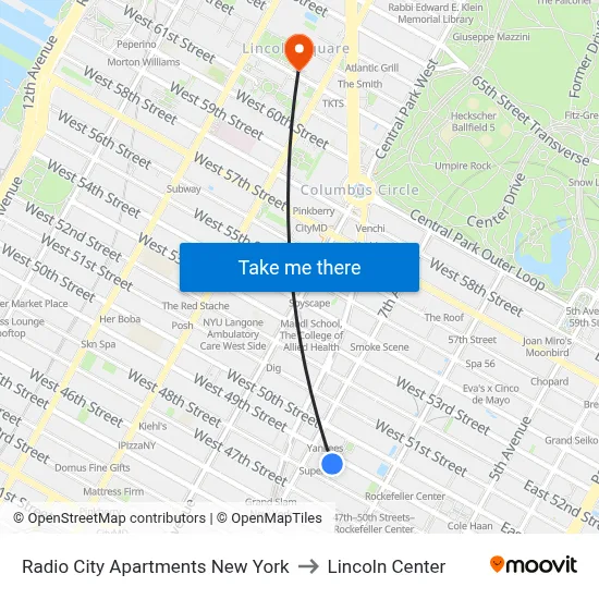 Radio City Apartments New York to Lincoln Center map