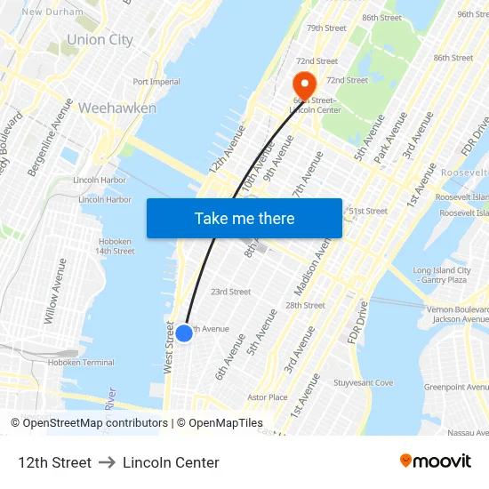 12th Street to Lincoln Center map