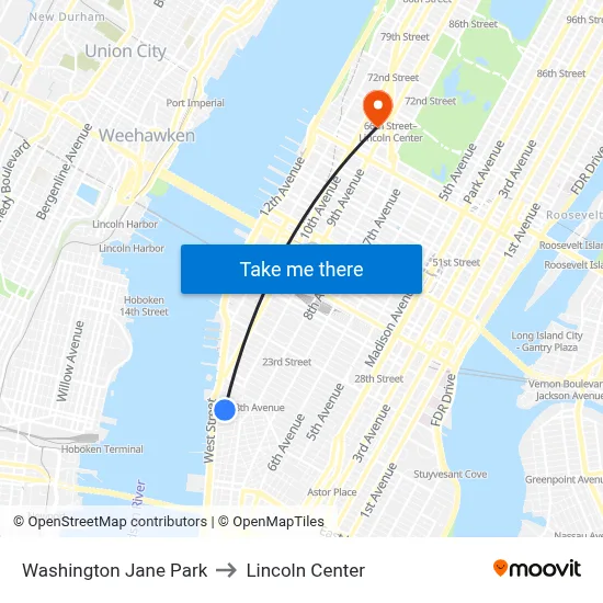 Washington Jane Park to Lincoln Center map