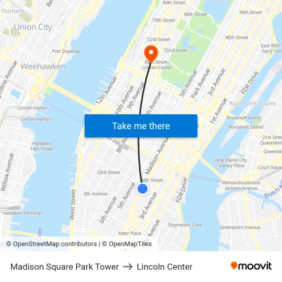 Madison Square Park Tower to Lincoln Center map