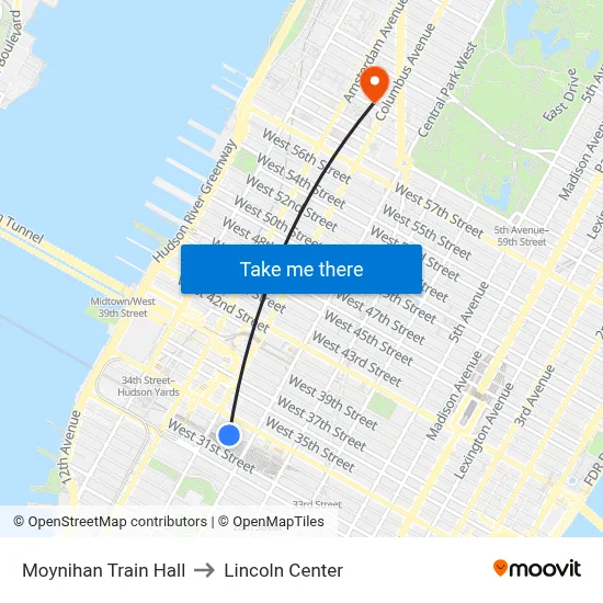 Moynihan Train Hall to Lincoln Center map