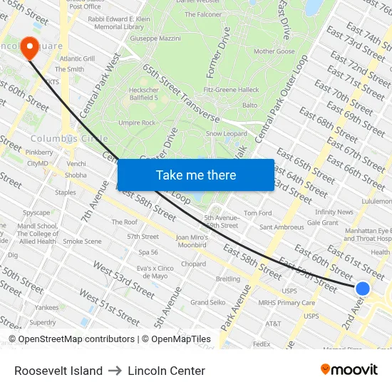 Roosevelt Island to Lincoln Center map