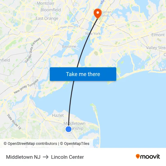 Middletown NJ to Lincoln Center map