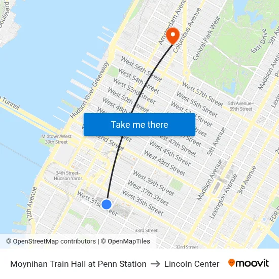 Moynihan Train Hall at Penn Station to Lincoln Center map