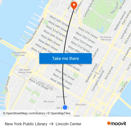 New York Public Library to Lincoln Center map