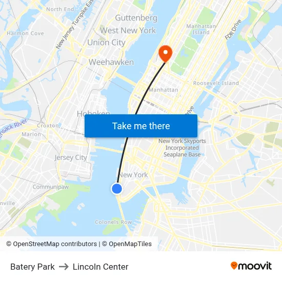 Batery Park to Lincoln Center map