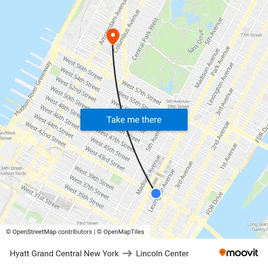 Hyatt Grand Central New York to Lincoln Center map