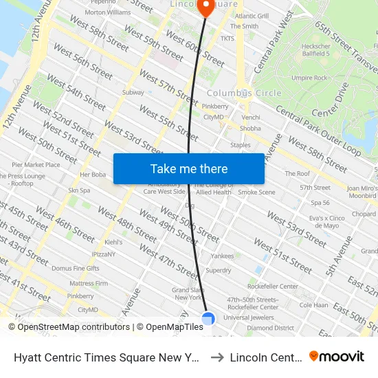 Hyatt Centric Times Square New York to Lincoln Center map