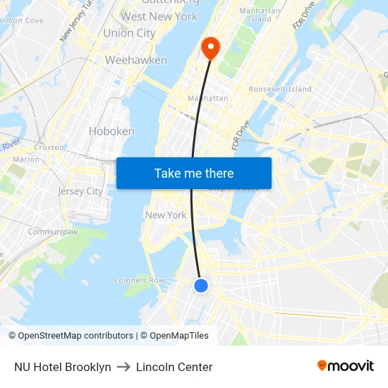 NU Hotel Brooklyn to Lincoln Center map