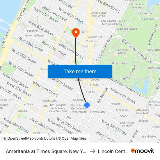 Ameritania at Times Square, New York to Lincoln Center map