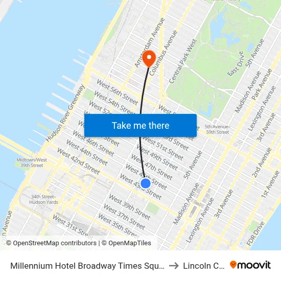 Millennium Hotel Broadway Times Square, New York to Lincoln Center map