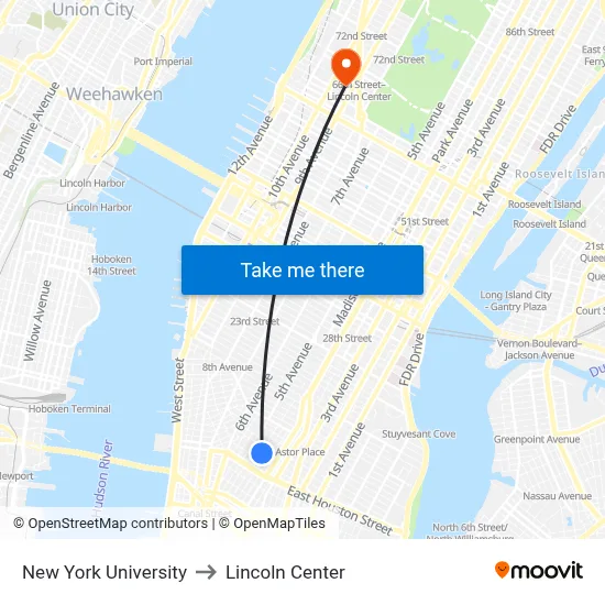 New York University to Lincoln Center map