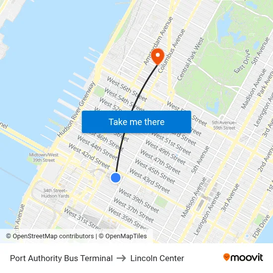 Port Authority Bus Terminal to Lincoln Center map