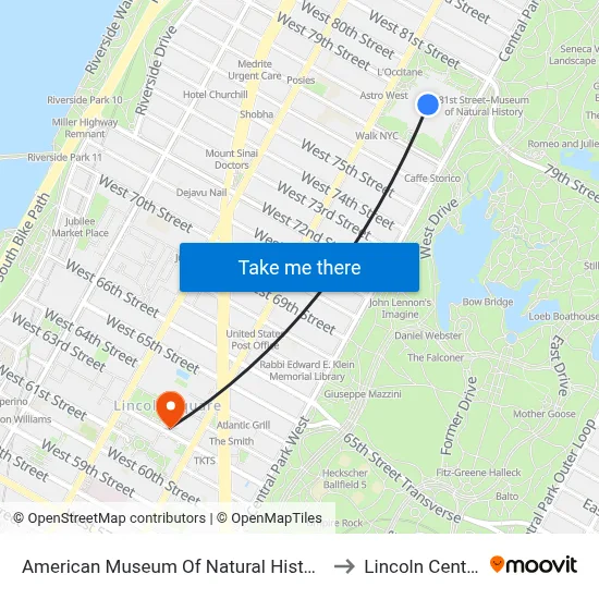 American Museum Of Natural History to Lincoln Center map