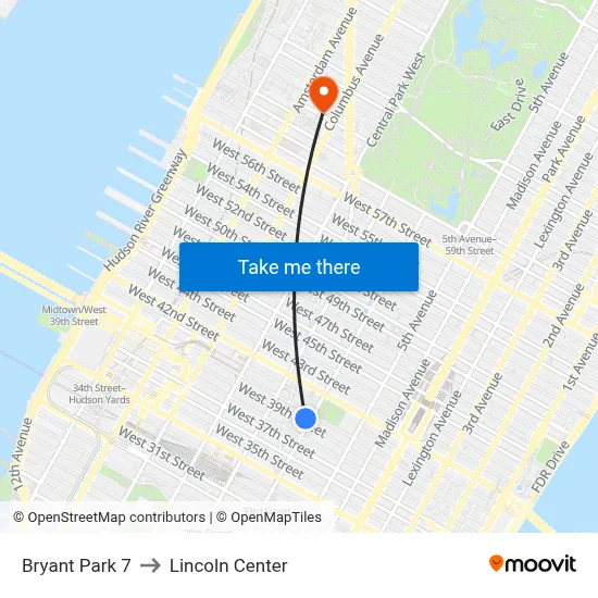 Bryant Park 7 to Lincoln Center map