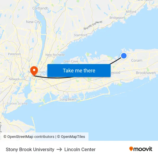Stony Brook University to Lincoln Center map