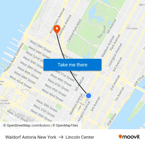 Waldorf Astoria New York to Lincoln Center map