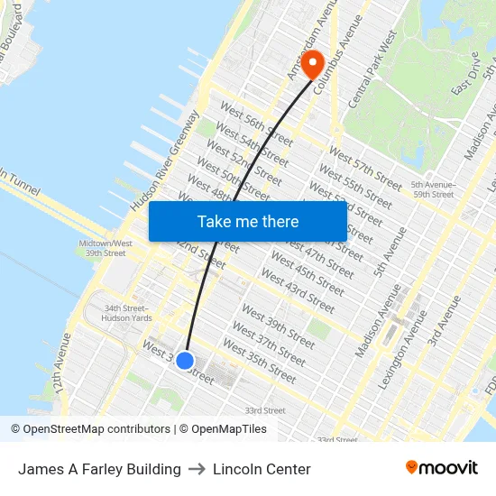 James A Farley Building to Lincoln Center map