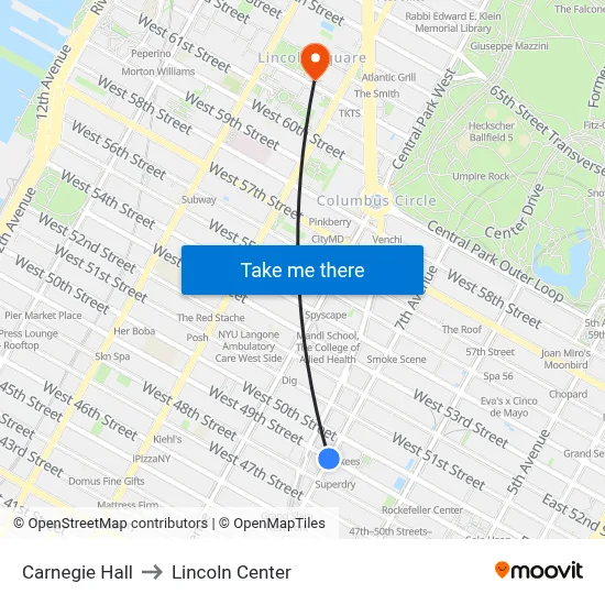 Carnegie Hall to Lincoln Center map