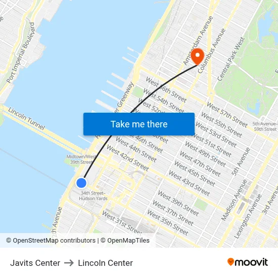 Javits Center to Lincoln Center map