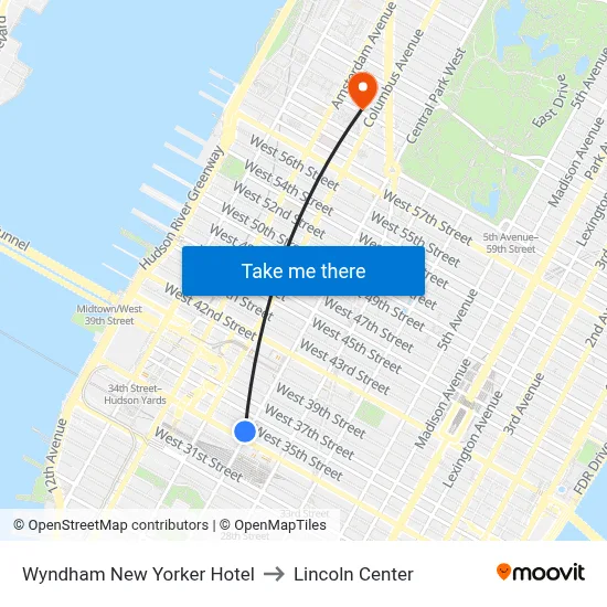 Wyndham New Yorker Hotel to Lincoln Center map