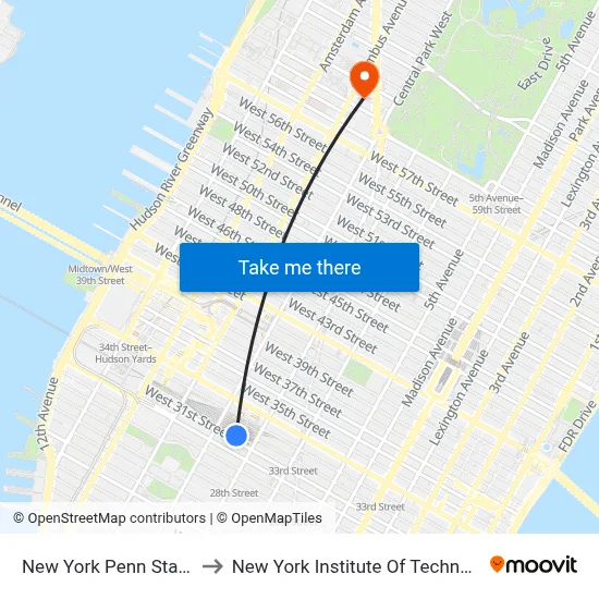 New York Penn Station to New York Institute Of Technology map