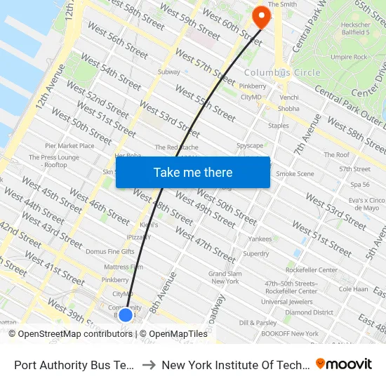 Port Authority Bus Terminal to New York Institute Of Technology map