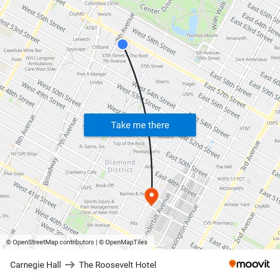 Carnegie Hall to The Roosevelt Hotel map