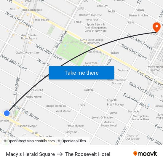 Macy s Herald Square to The Roosevelt Hotel map