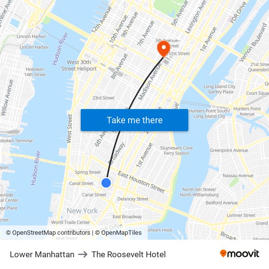 Lower Manhattan to The Roosevelt Hotel map