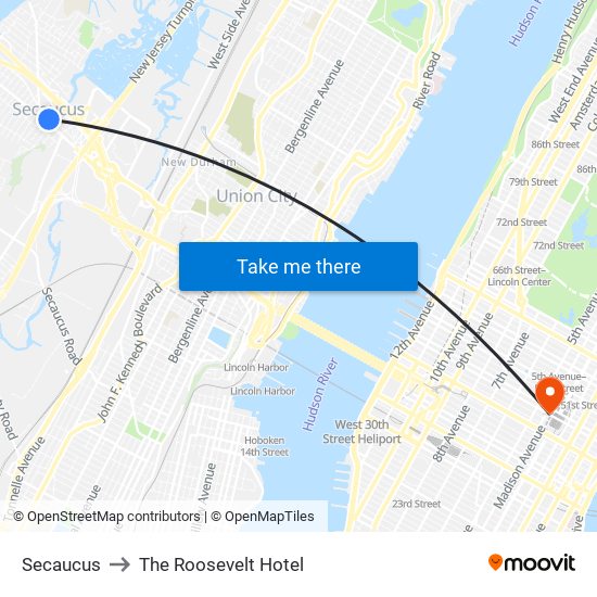 Secaucus to The Roosevelt Hotel map