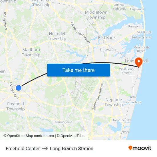 Freehold Center to Long Branch Station map