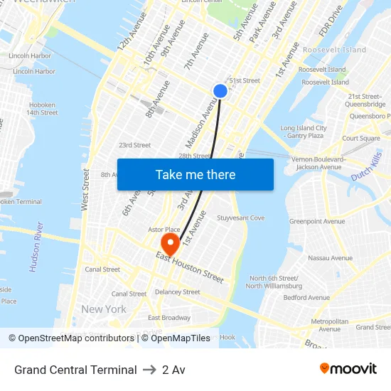 Grand Central Terminal to 2 Av map