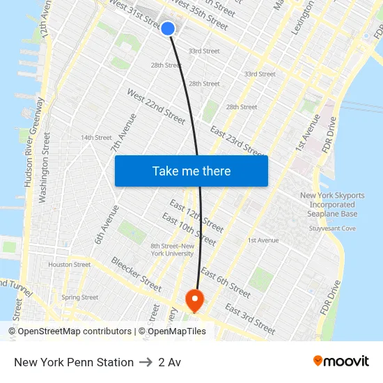New York Penn Station to 2 Av map