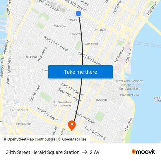 34th Street Herald Square Station to 2 Av map