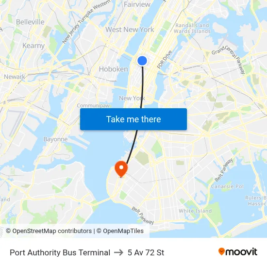 Port Authority Bus Terminal to 5 Av 72 St map