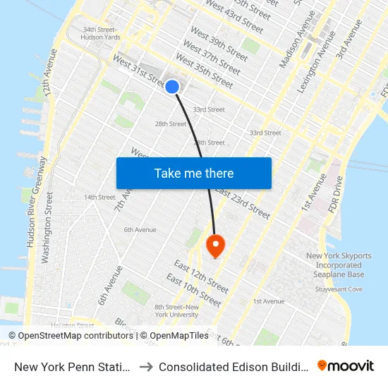New York Penn Station to Consolidated Edison Building map