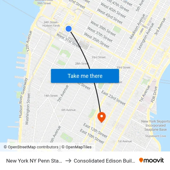 New York NY Penn Station to Consolidated Edison Building map