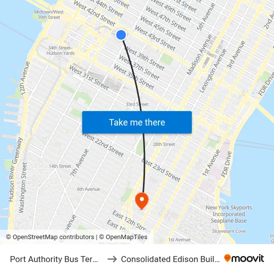 Port Authority Bus Terminal to Consolidated Edison Building map