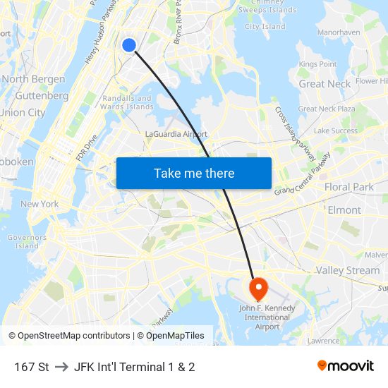 167 St to JFK Int'l Terminal 1 & 2 map