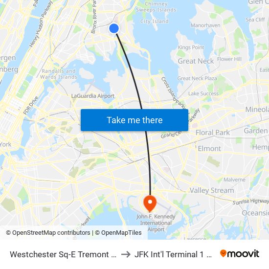 Westchester Sq-E Tremont Av to JFK Int'l Terminal 1 & 2 map